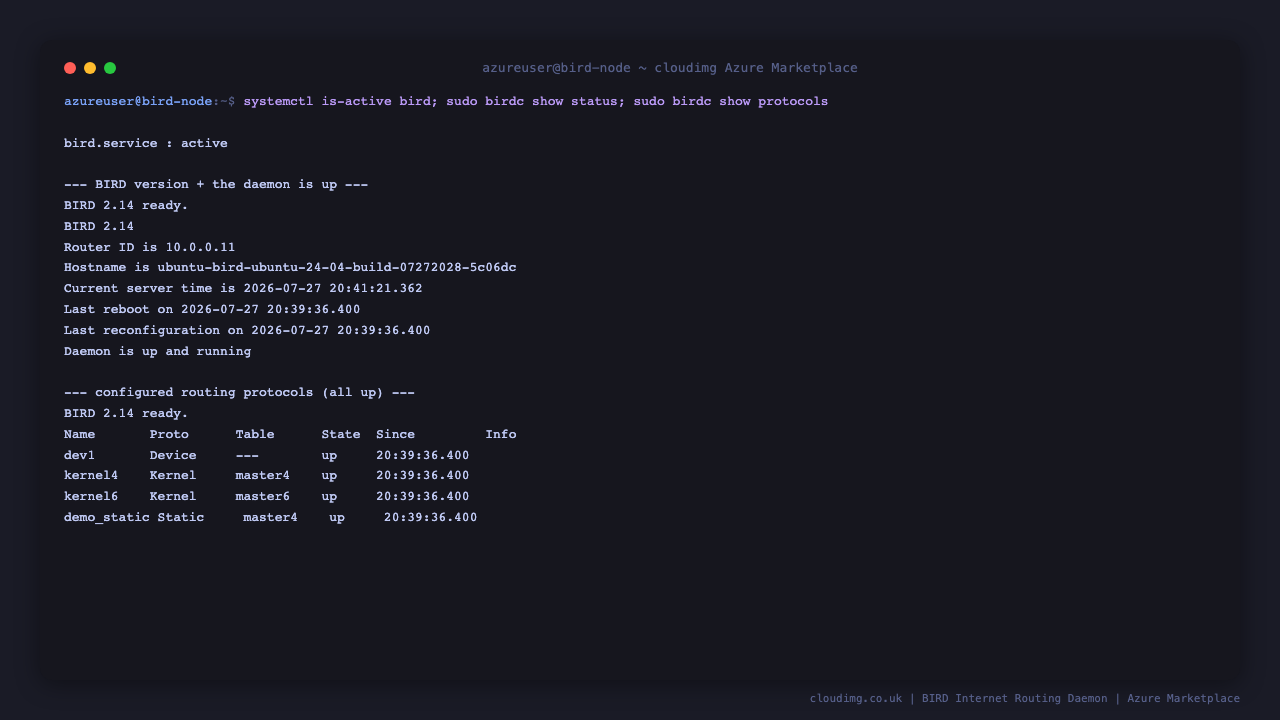bird.service reports active, birdc show status reports BIRD 2.14 with the daemon up and running and this VM's router id, and birdc show protocols lists the device, kernel4, kernel6 and demo_static protocols all in the up state