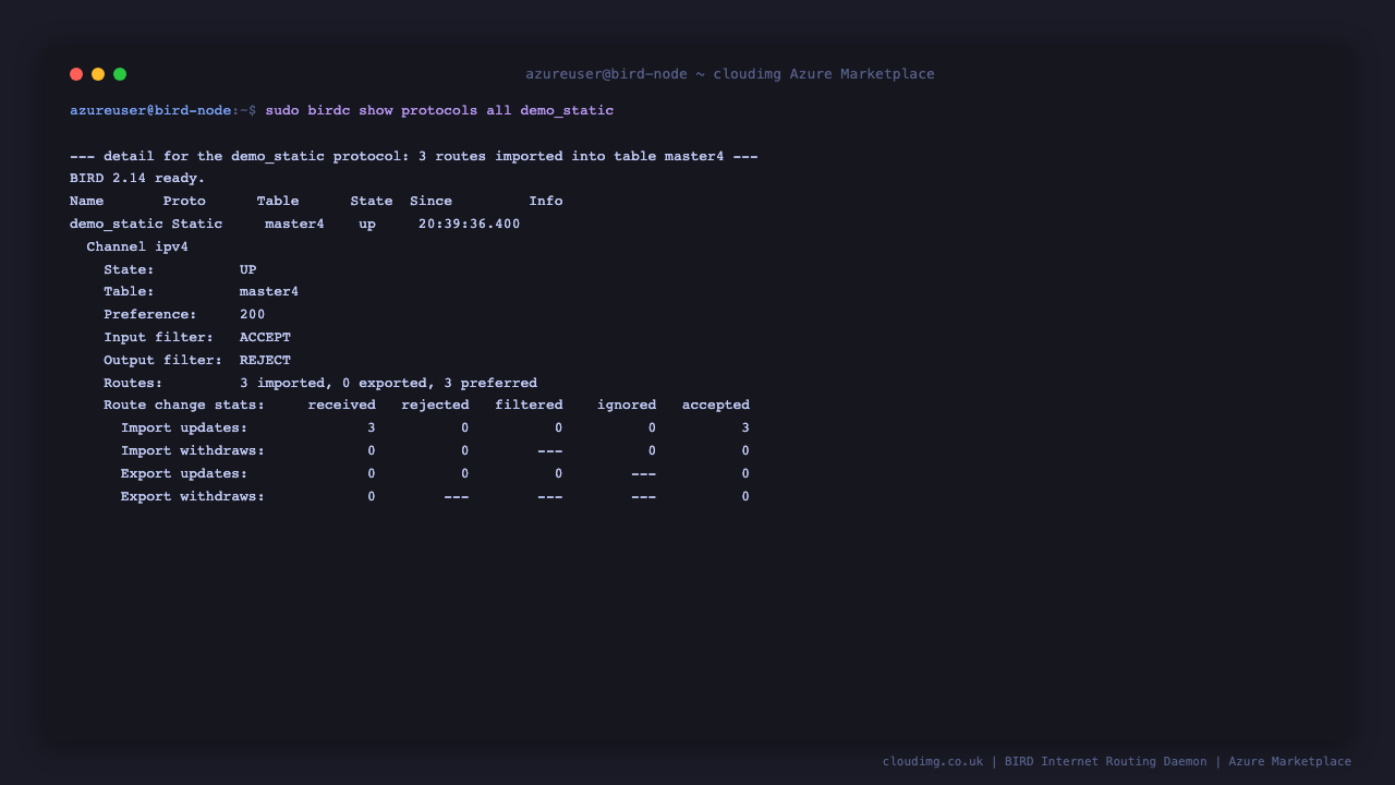 birdc show protocols all demo_static shows the demo_static protocol up on its ipv4 channel bound to table master4, with three routes imported and three preferred, and the import update statistics confirming three routes accepted