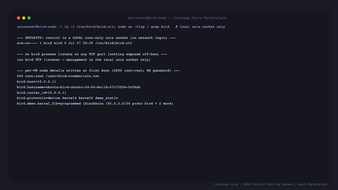 ls of the bird control socket shows srw-rw with owner and group bird, ss reports no bird process listening on any TCP port so management is the local unix socket only, and the per VM credentials file is mode 600 owned root root and contains node details but no password