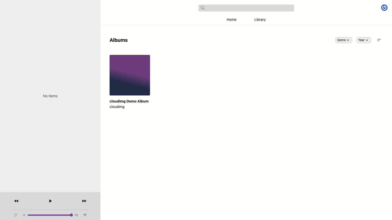 The Black Candy library showing the cloudimg Demo Album with its cover art, the empty play queue on the left and the player controls