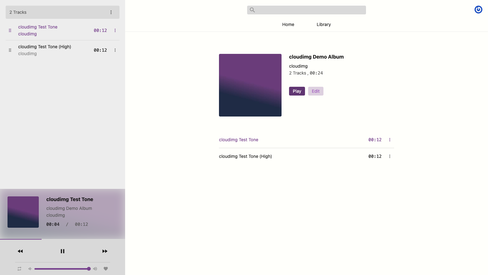 The cloudimg Demo Album playing in Black Candy, with both tracks in the queue and the now-playing panel showing the cover art and elapsed time