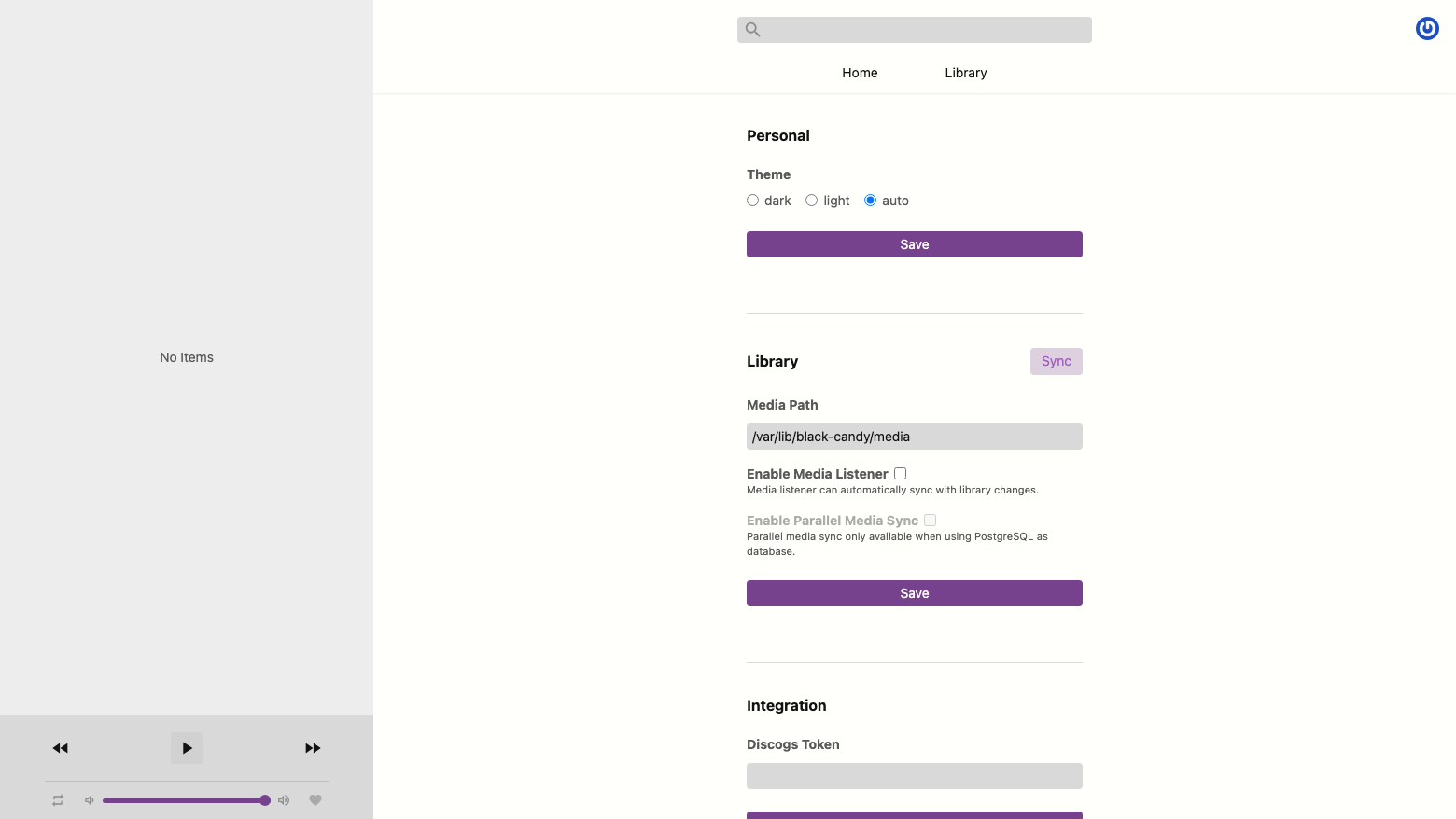 The Black Candy Settings page with the theme, the Library section holding the media path /var/lib/black-candy/media and the Sync button, and the empty Discogs token under Integration