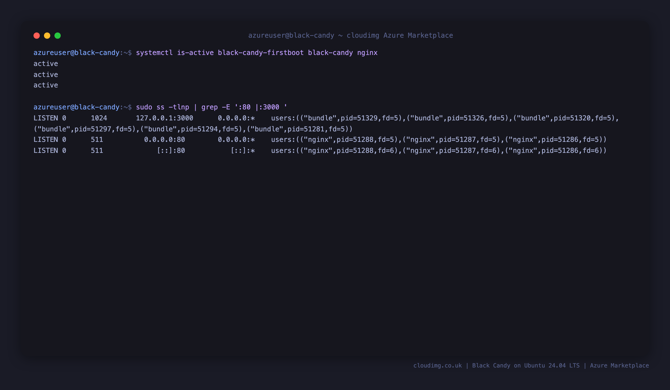 The black-candy-firstboot, black-candy and nginx services all reporting active, and ss showing nginx listening on port 80 while puma is bound to 127.0.0.1:3000 on the loopback interface only