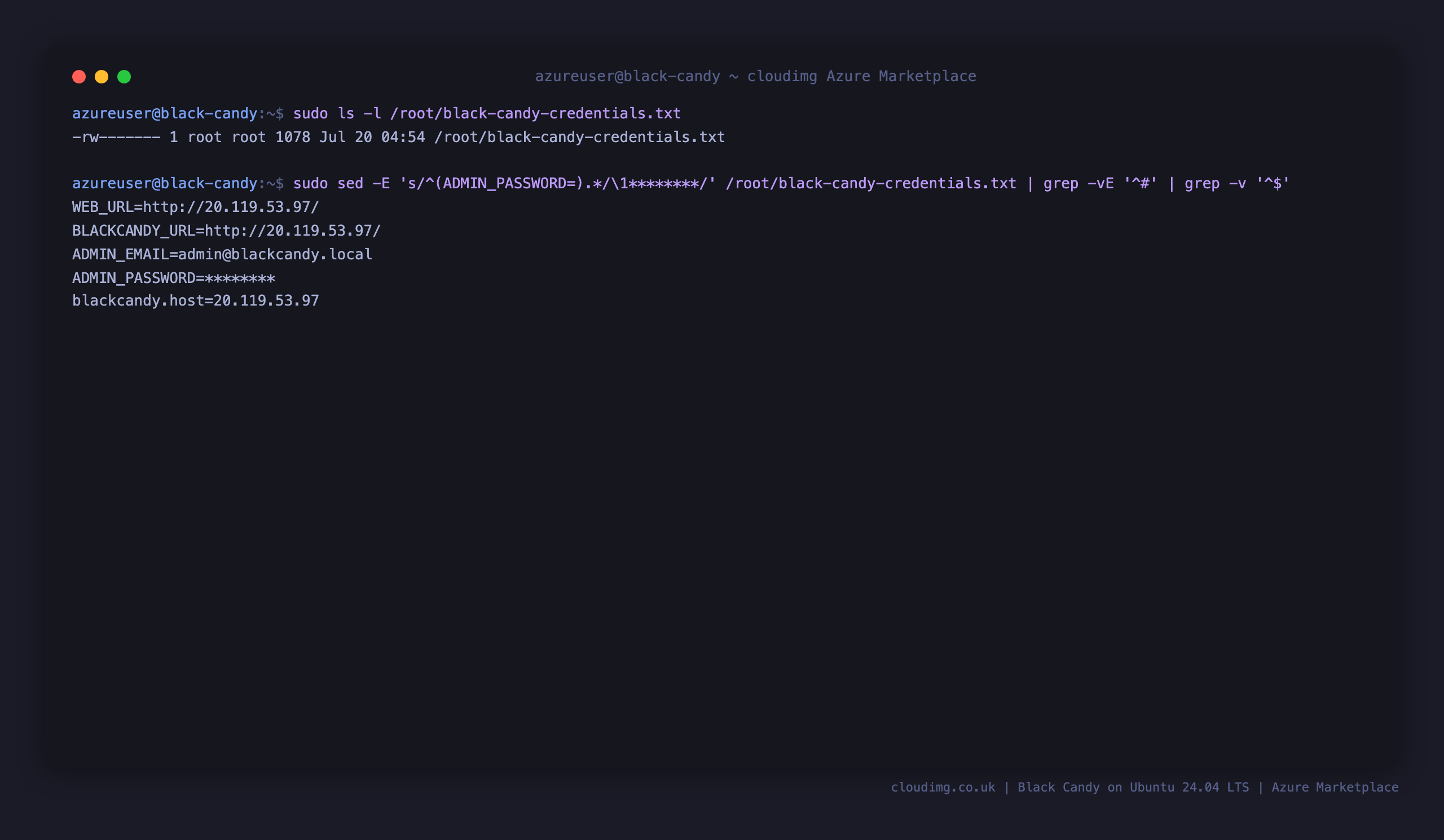 The black-candy-credentials.txt file at mode 0600 root root showing the per VM WEB_URL and admin email with the password value redacted, and a note that the credentials are generated uniquely on first boot and that no default account is shipped