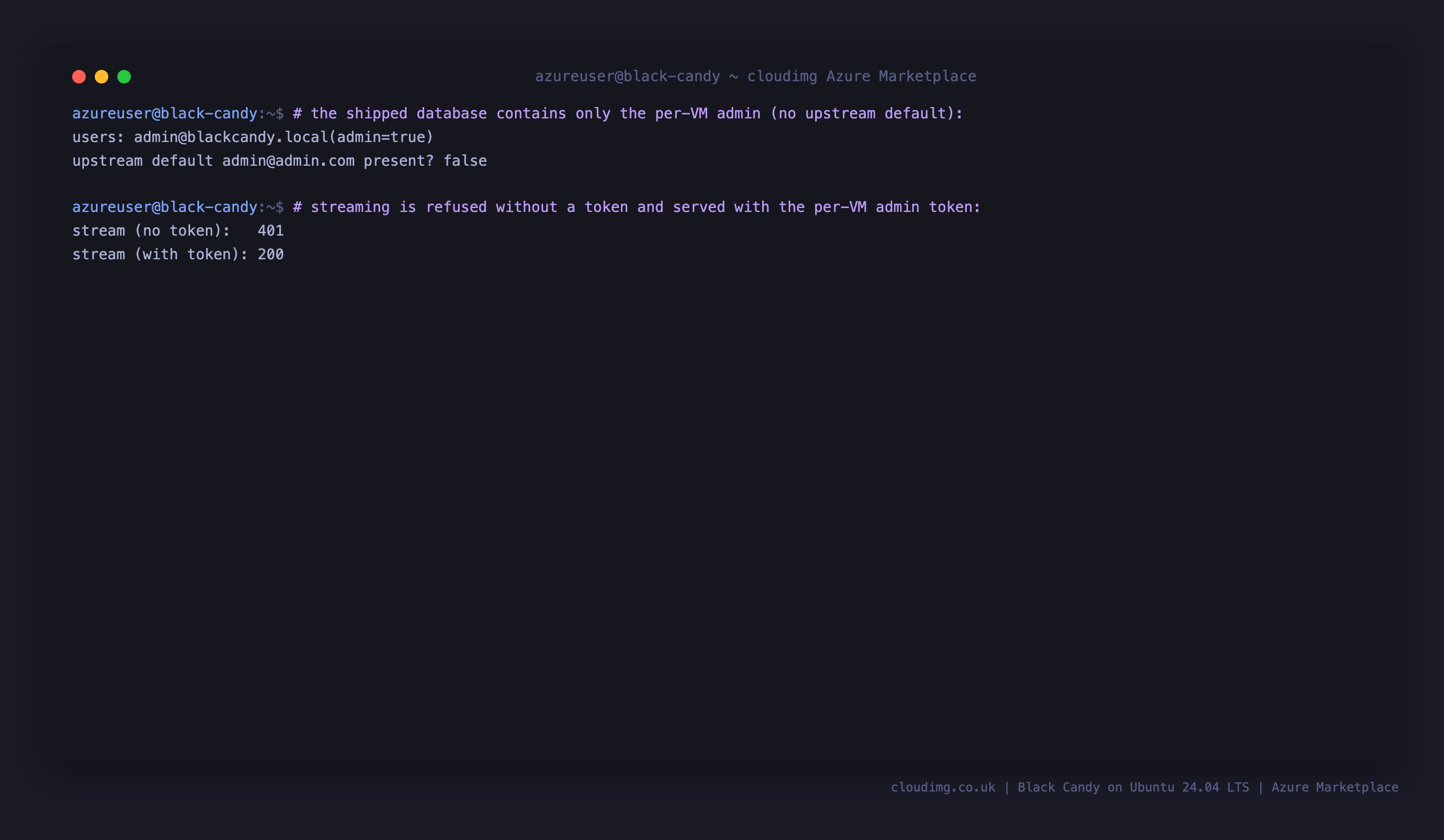 curl output showing the streaming endpoint returning HTTP 401 without a token and HTTP 200 with the per instance admin bearer token, proving content is gated behind authentication