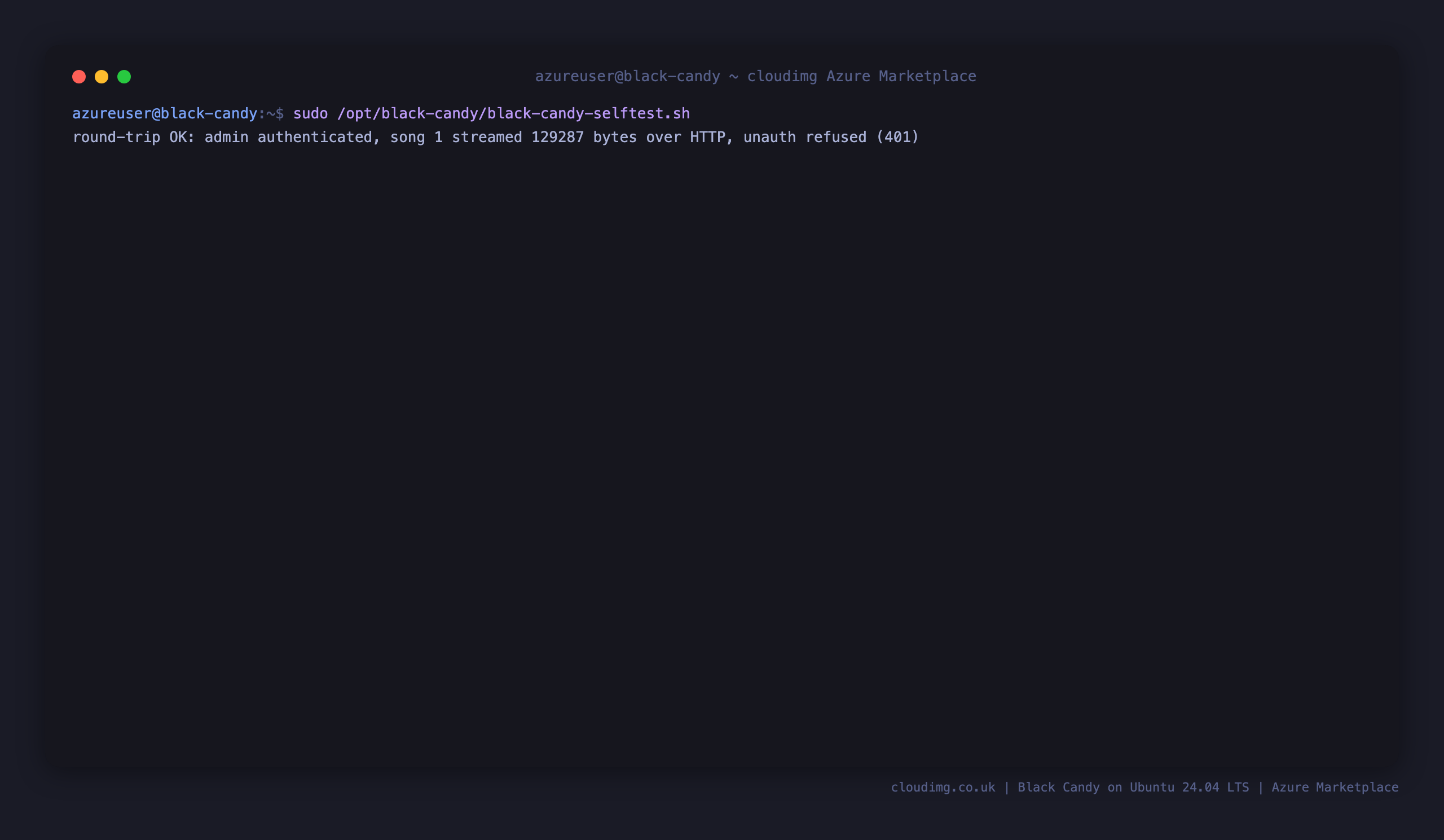 The bundled self test script reporting round-trip OK: the per instance admin authenticated, a real song was streamed over HTTP, and an unauthenticated stream request was refused with 401