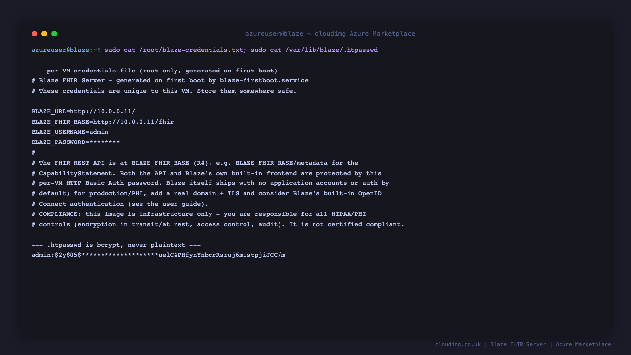 The per-VM credentials file with the generated admin password, the FHIR base URL, and the bcrypt .htpasswd entry that proves no plaintext password ships in the image