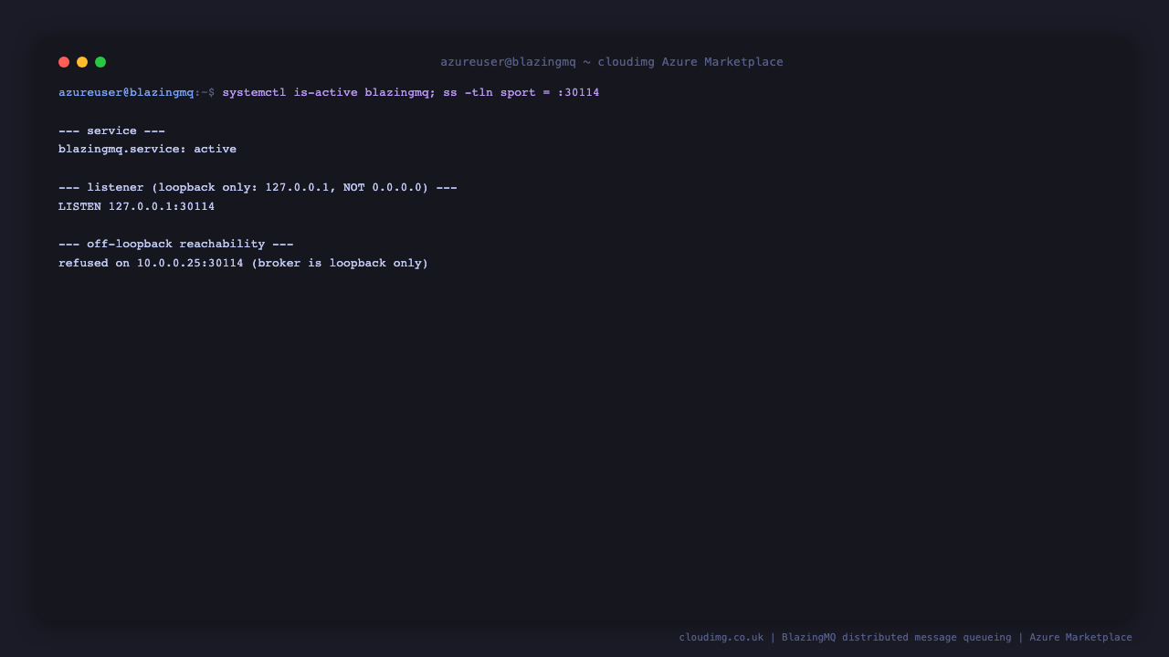 Terminal showing the BlazingMQ broker service active and its listening socket bound to 127.0.0.1 port 30114, confirming the broker is loopback only