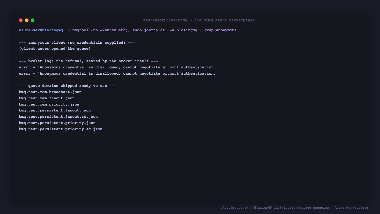 Terminal showing an unauthenticated BlazingMQ client being refused by the broker, confirming that anonymous authentication is disallowed and credentials are enforced