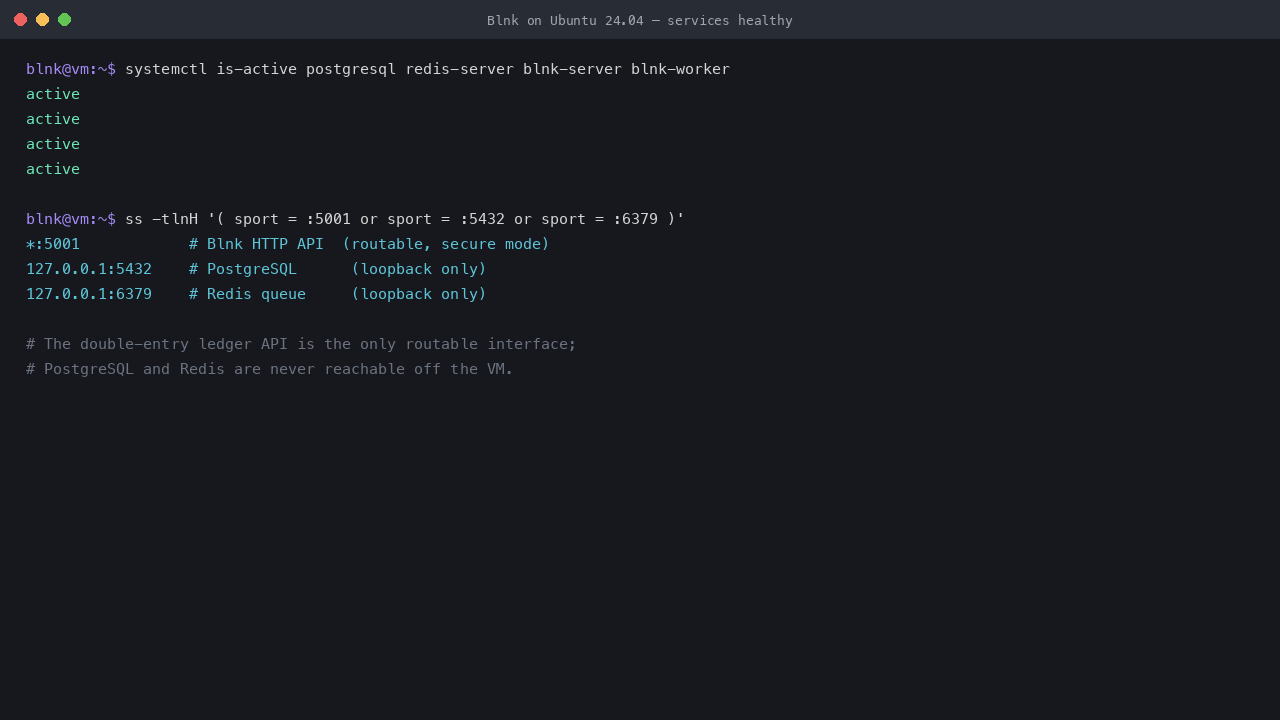 PostgreSQL, Redis, the Blnk API server and the Blnk worker all reporting active under systemd, with the API on 5001 routable and PostgreSQL on 5432 and Redis on 6379 bound to loopback only