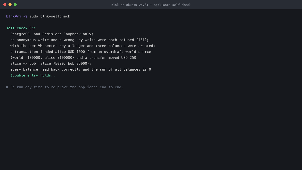 The appliance self-check reporting loopback-only backing services, anonymous and wrong-key requests refused with 401, a correct double-entry funding of USD 1000 and a transfer of USD 250 between accounts, and the sum of all balances equal to zero