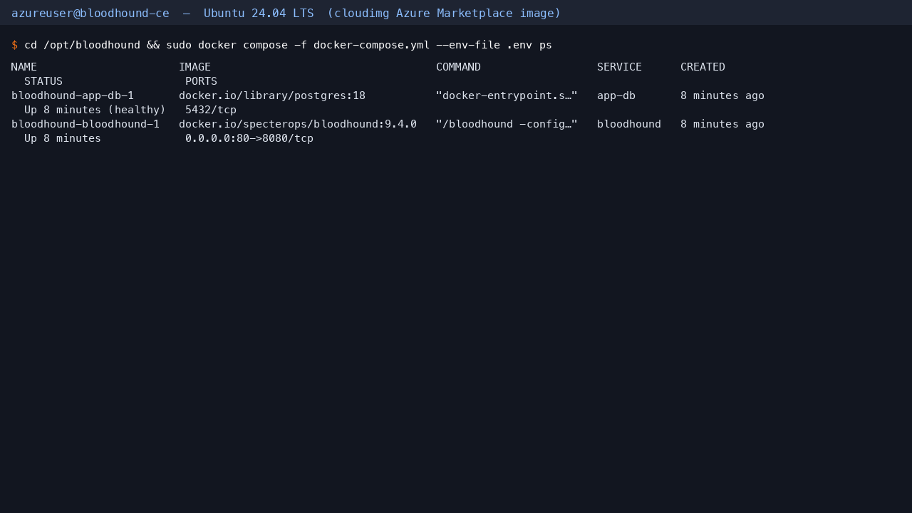 The two BloodHound Docker Compose containers running, showing the pinned image tags and that PostgreSQL publishes no host port