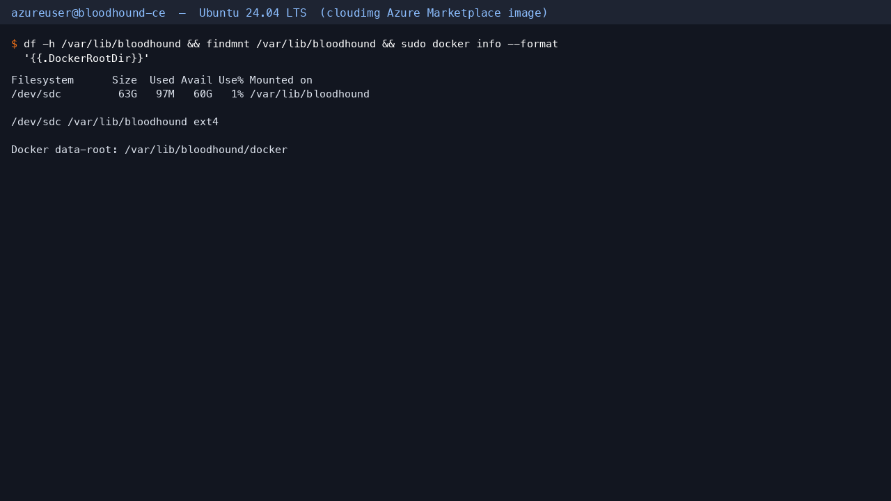 The dedicated BloodHound data disk mounted at /var/lib/bloodhound with Docker's data-root relocated onto it