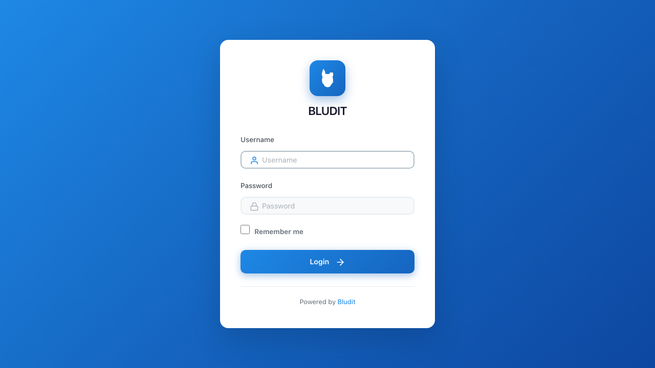 The Bludit admin login form with Username, Password and Remember me