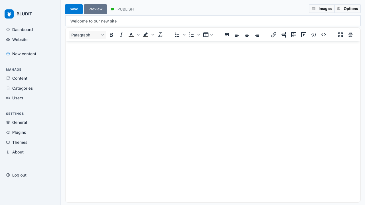 The Bludit editor with a page title, the formatting toolbar and the Save, Preview, Images and Options buttons