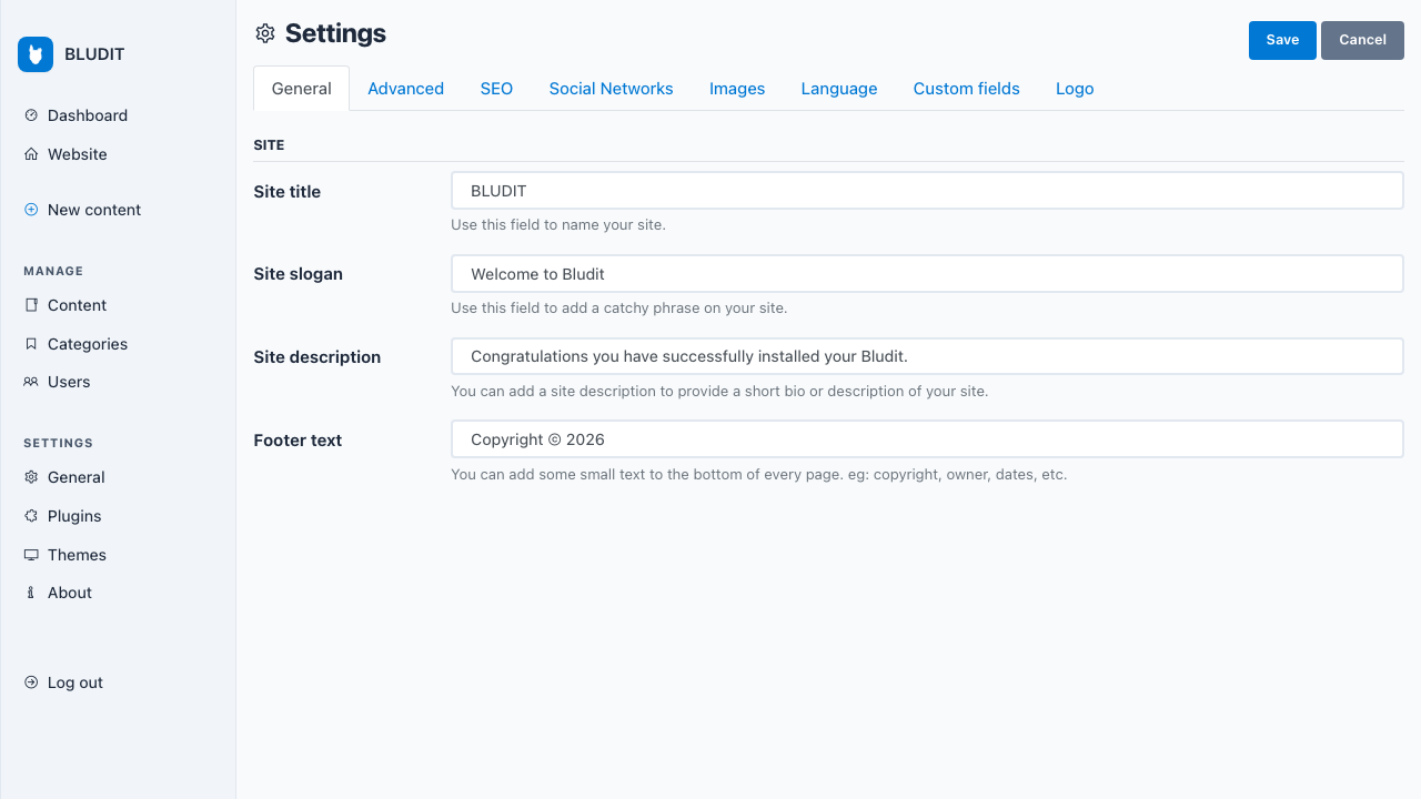 The Bludit settings page with the site title, slogan, description and footer fields and the Advanced, SEO, Social Networks, Images, Language, Custom fields and Logo tabs