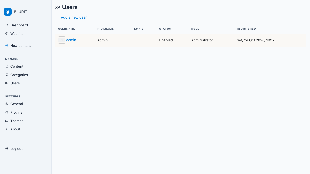 The Bludit users page listing the admin account