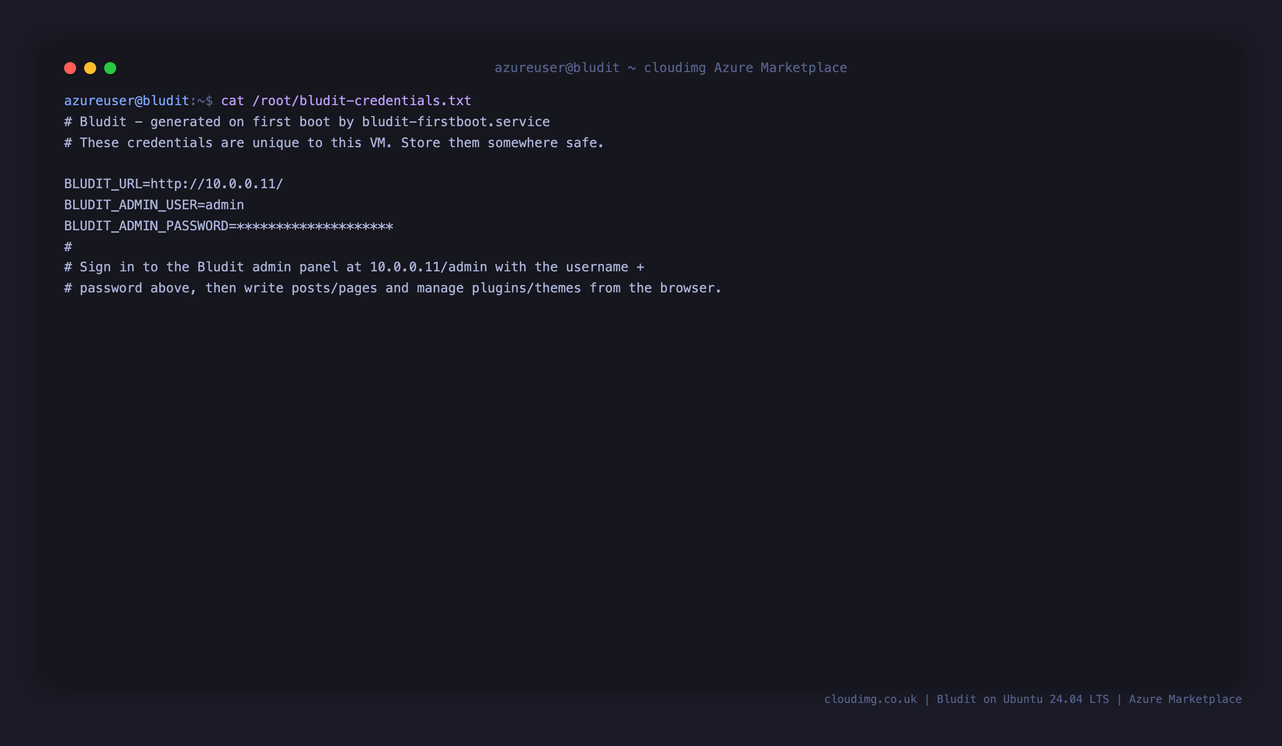 The per VM Bludit admin credentials file, with the generated password