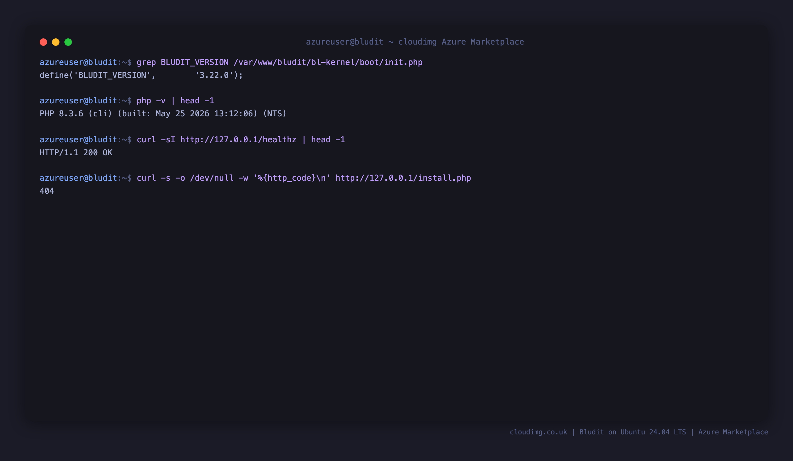 The Bludit release, PHP 8.3 version, the healthz endpoint returning 200 and install.php returning 404 (setup wizard permanently removed)