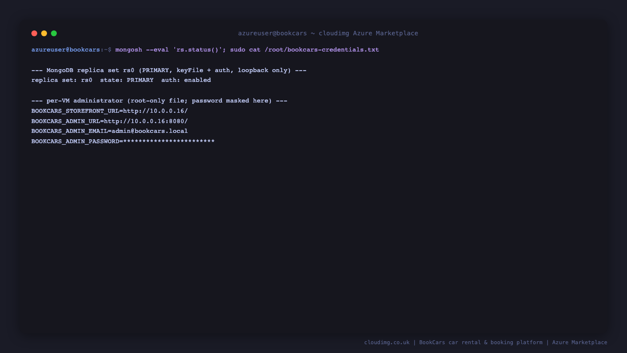 The MongoDB replica set rs0 reporting PRIMARY with key file authentication enabled, and the root only per-VM credentials file holding the storefront and admin URLs and the unique administrator email with its password masked