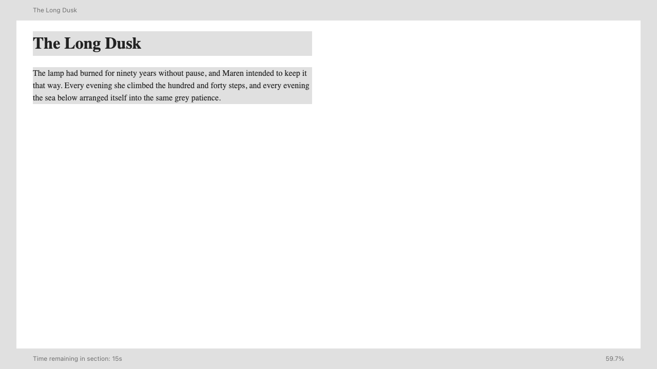 A demo EPUB open in the BookLore reader, showing the chapter heading The Long Dusk and its first paragraph