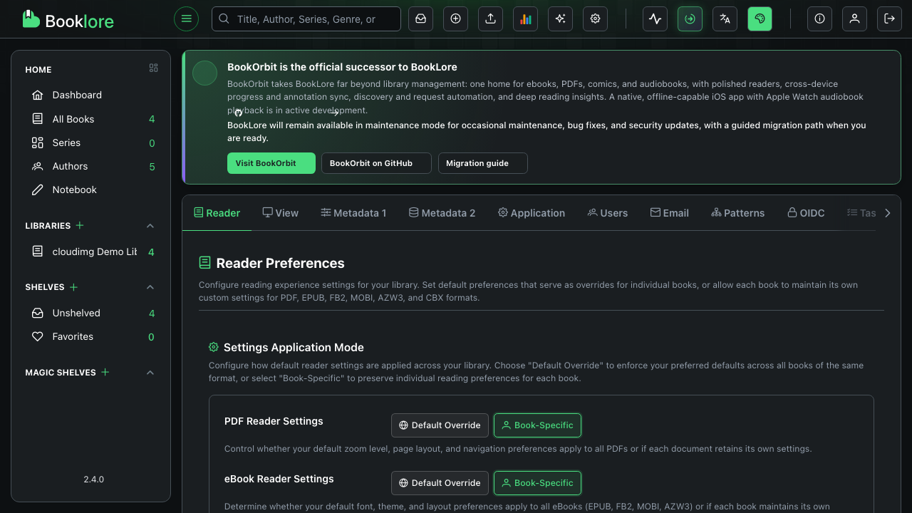 The BookLore Settings page on the Reader tab, with tabs for View, Metadata, Application, Users, Email, Patterns, OIDC and more