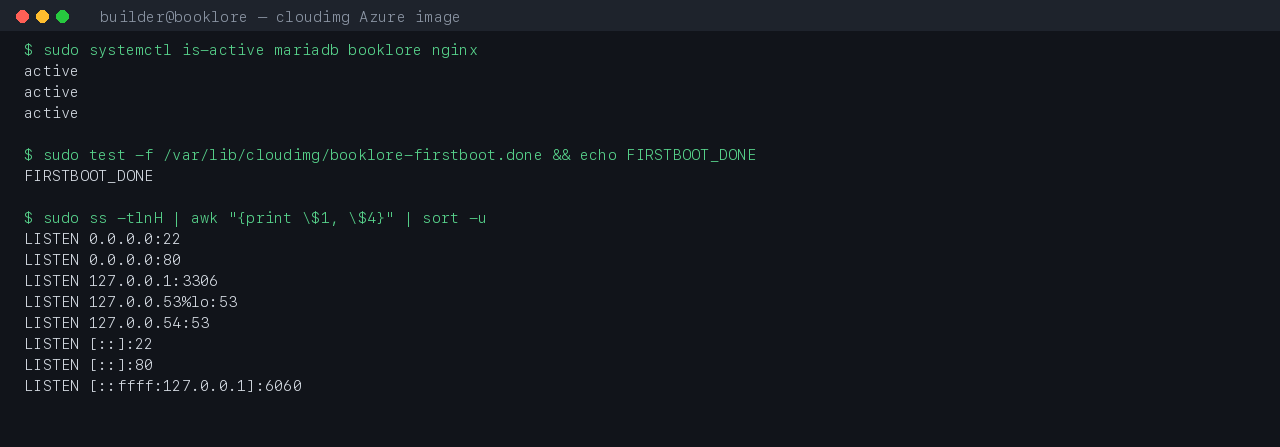 The three BookLore units reported active by systemctl, the firstboot sentinel present, and the listening sockets showing only SSH and nginx on public addresses while the application port 6060 and MariaDB stay on loopback