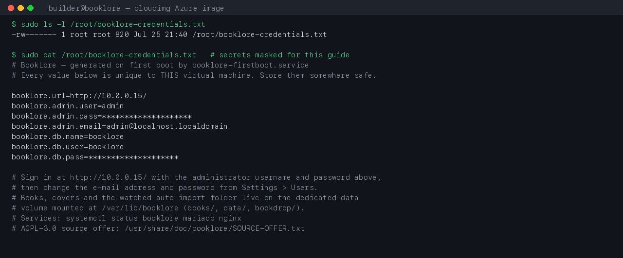 The per instance BookLore credentials file with the administrator and database secrets masked, and the file confirmed as mode 600 owned by root