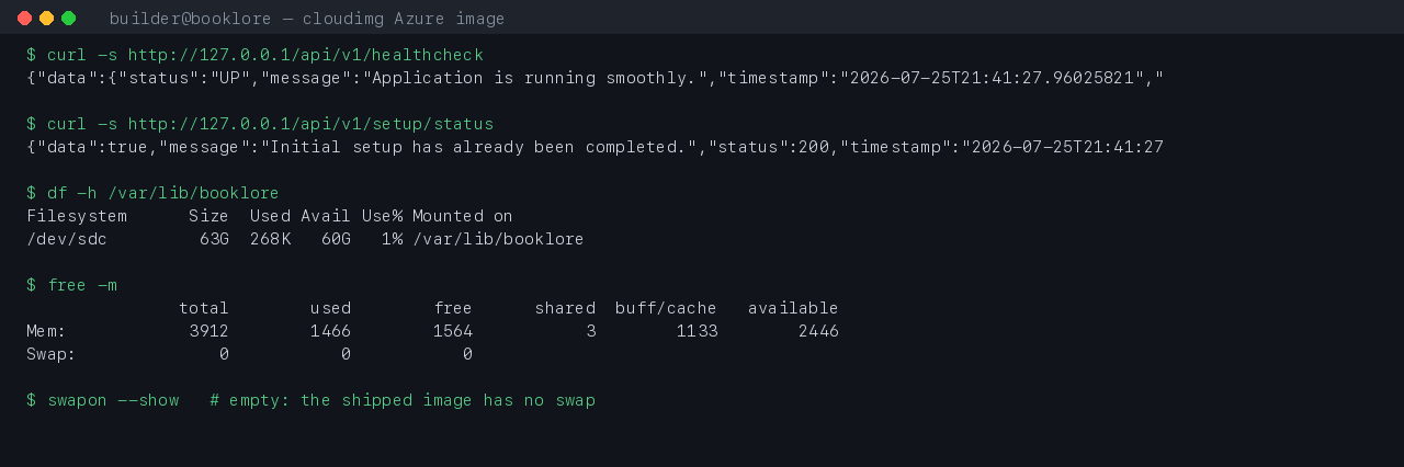 The BookLore health endpoint reporting status UP at version 2.3.1, the dedicated 64 GiB library volume mounted at /var/lib/booklore, the memory footprint of the full stack, and swapon reporting no swap