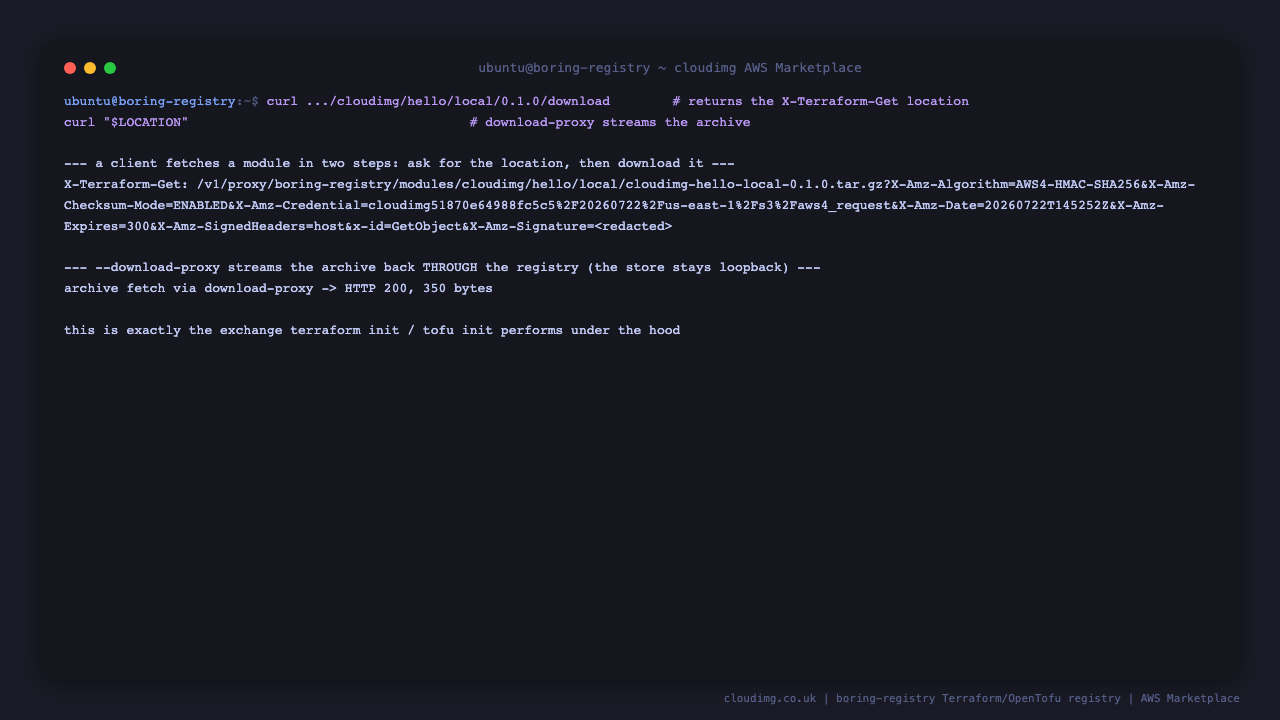the module download endpoint returns an X-Terraform-Get location pointing at the registry download proxy path, and fetching that location with the per instance token streams the module archive back with HTTP 200, demonstrating the download proxy serving the archive without exposing the object store