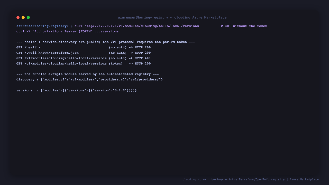 the health probe and service discovery document return HTTP 200 without credentials, the module versions endpoint returns HTTP 401 without the token and HTTP 200 with the per instance Bearer token, and the authenticated response lists version 0.1.0 of the bundled cloudimg/hello/local example module