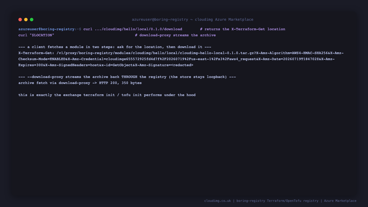 the module download endpoint returns an X-Terraform-Get location pointing at the registry download proxy path, and fetching that location with the per instance token streams the module archive back with HTTP 200, demonstrating the download proxy serving the archive without exposing the object store