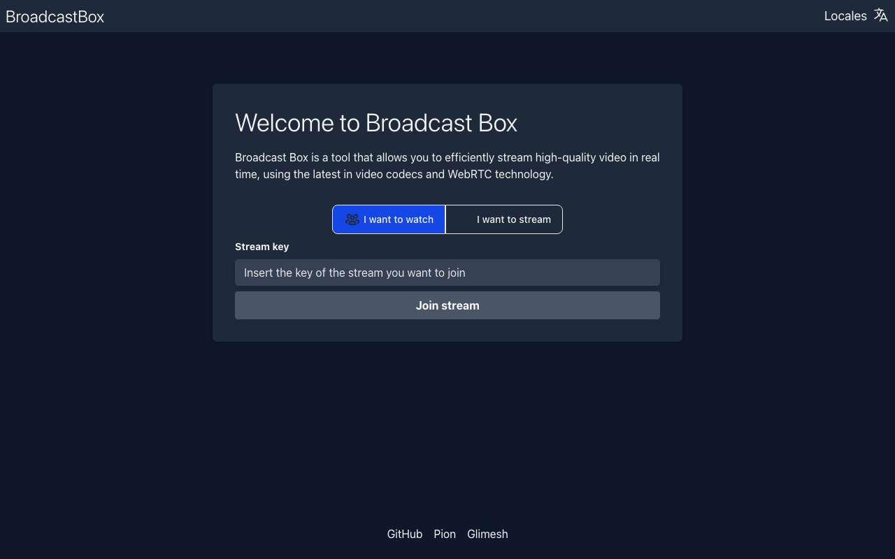 The Broadcast Box home page served over HTTPS, with the choice between watching and streaming and the stream key field