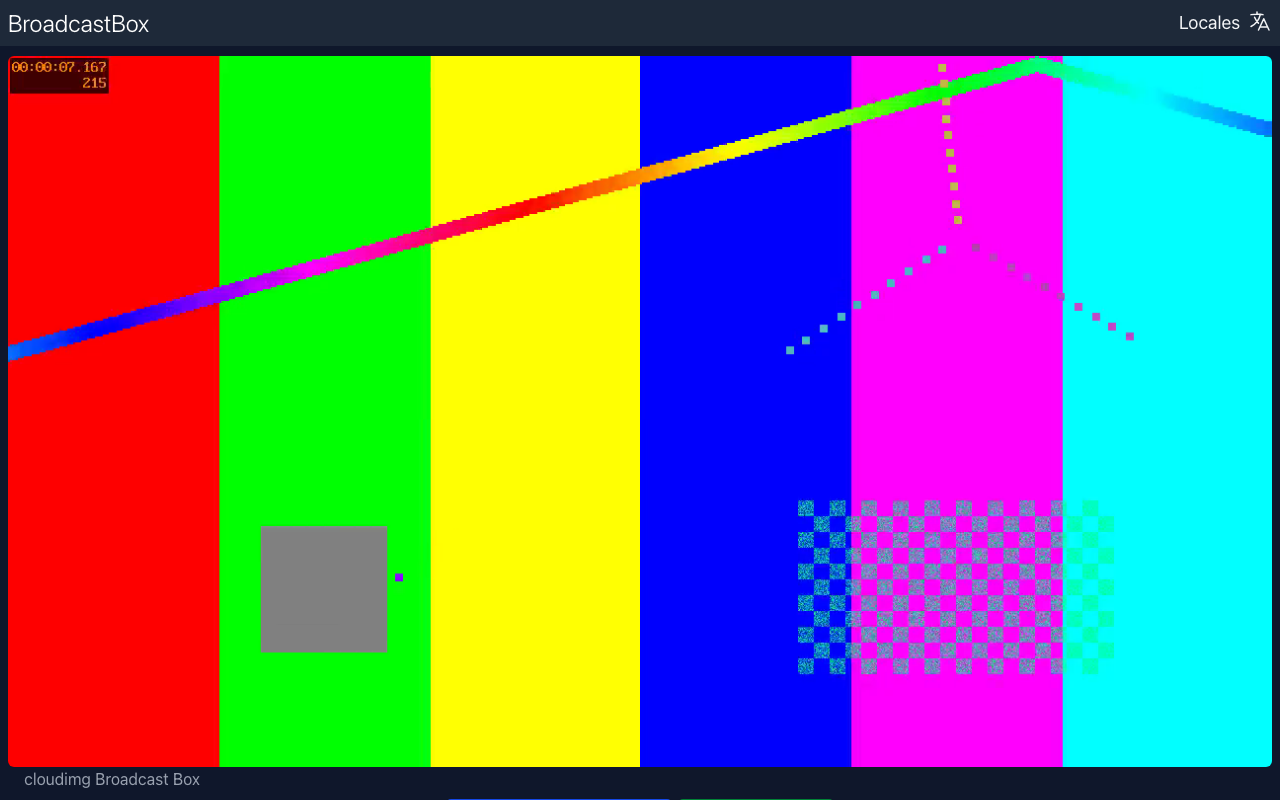 The Broadcast Box player showing a live test pattern being broadcast to this instance, with the stream statistics below the video
