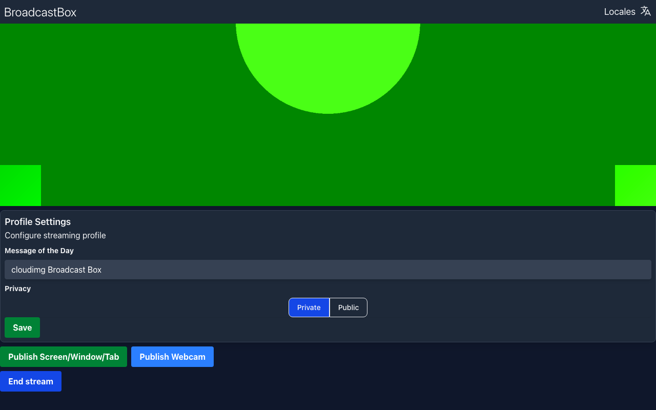 The Broadcast Box publish page sending the browser's camera (here Chromium's test camera) to this instance over WebRTC, with the stream's profile settings and the Publish and End stream buttons