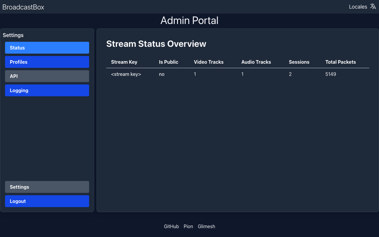 The Broadcast Box admin portal status page listing the live, unlisted stream with its video and audio tracks, sessions and packet count (the stream key is masked)