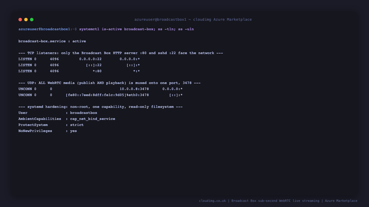 The broadcast-box service reporting active under systemd, with the Broadcast Box HTTP server bound to port 80 and sshd on port 22 as the only externally bound TCP listeners and the WebRTC media mux bound on UDP port 3478, alongside the systemd hardening showing the service running as the non root broadcastbox user with only the cap_net_bind_service capability and a strict read only filesystem