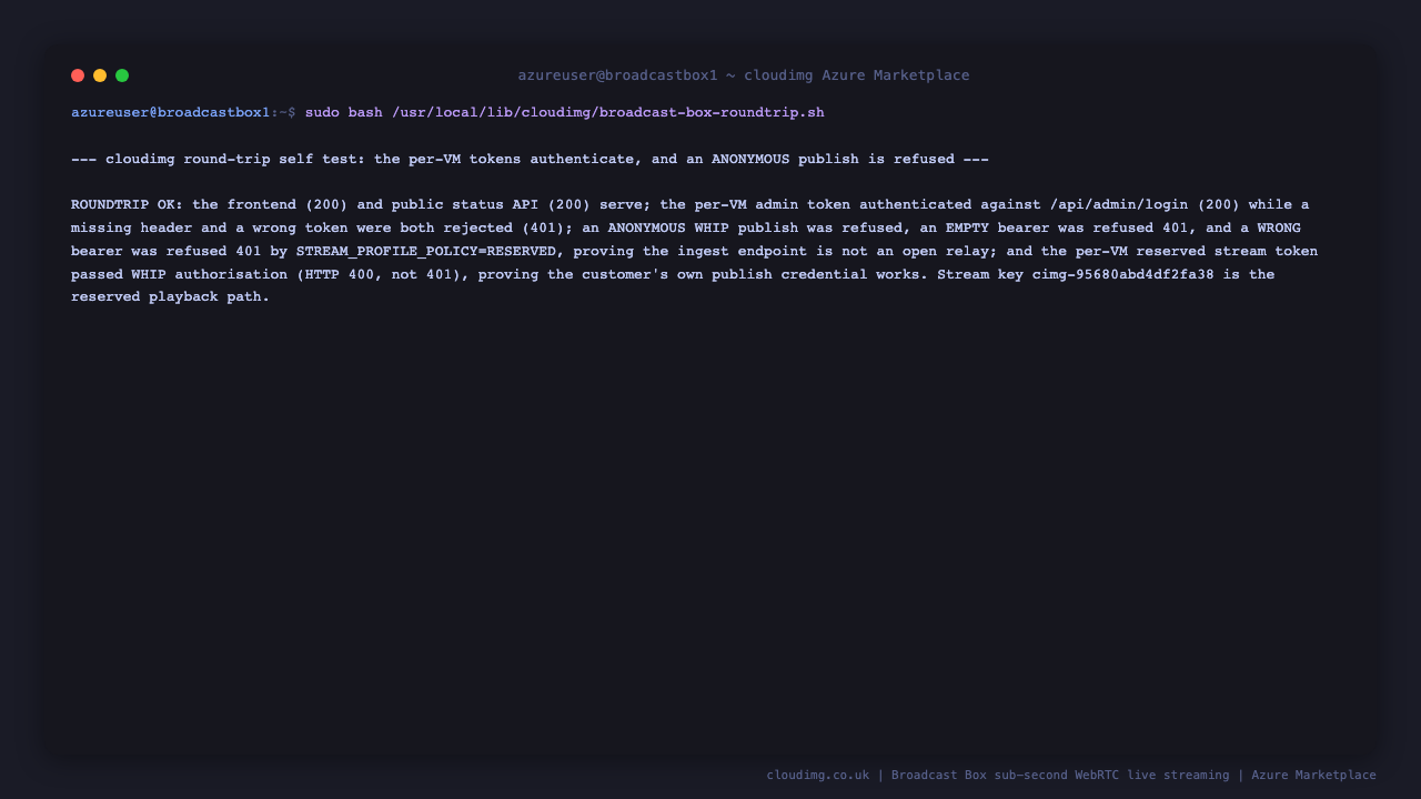 The cloudimg round trip self test printing ROUNDTRIP OK, confirming the web interface and status API serve, the per VM admin token authenticates while a missing header and a wrong token are rejected with HTTP 401, an anonymous publish and a wrong bearer token are both refused by the reserved stream policy, and the per VM stream token passes WHIP authorisation
