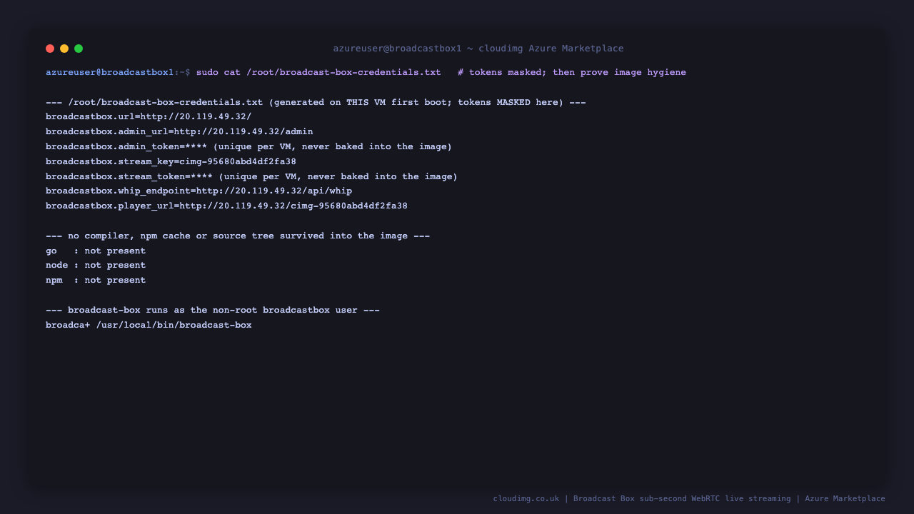 The per VM credentials file with the admin and stream tokens masked, showing the player URL, admin URL, stream key and WHIP endpoint, alongside the live proof that the admin API rejects an unauthenticated request with HTTP 401 and the publish endpoint rejects a wrong bearer token with HTTP 401