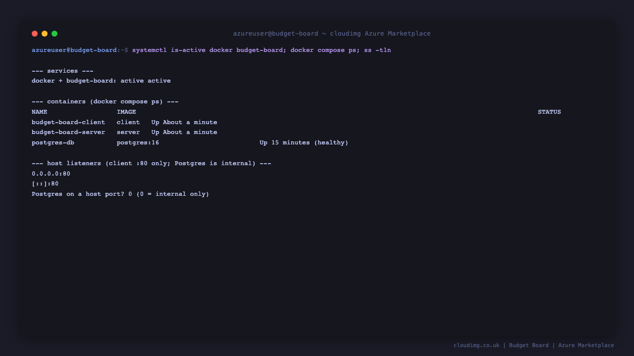 Systemd units active, the three containers running, and the web UI answering on port 80