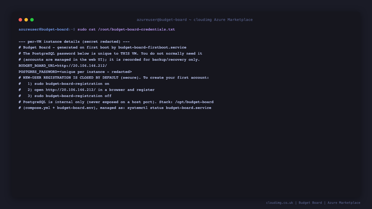 Per-VM instance details, root-only with the database password redacted