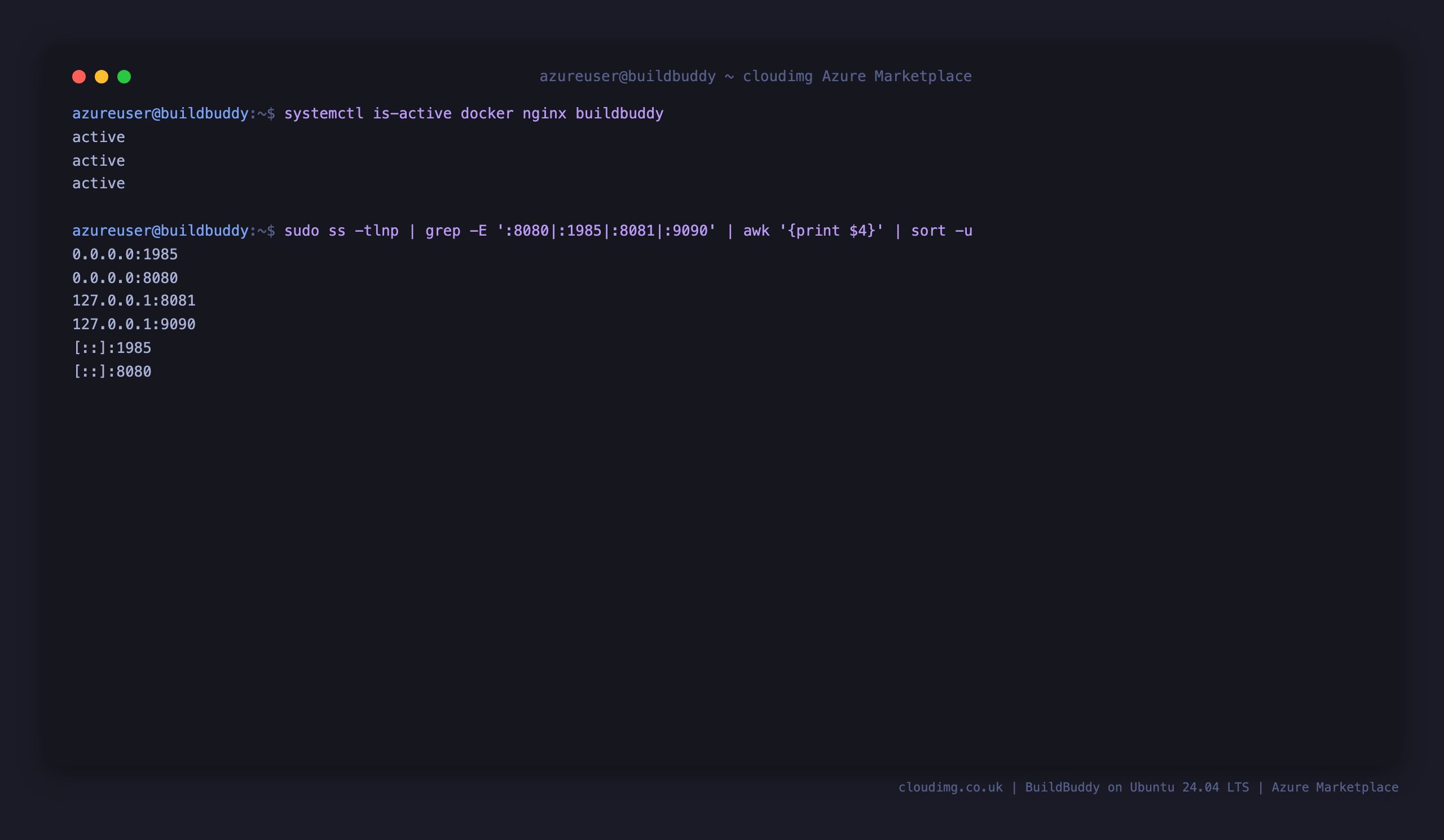 docker, nginx and buildbuddy services active, with the dashboard listening on 8080 and the gRPC cache on 1985