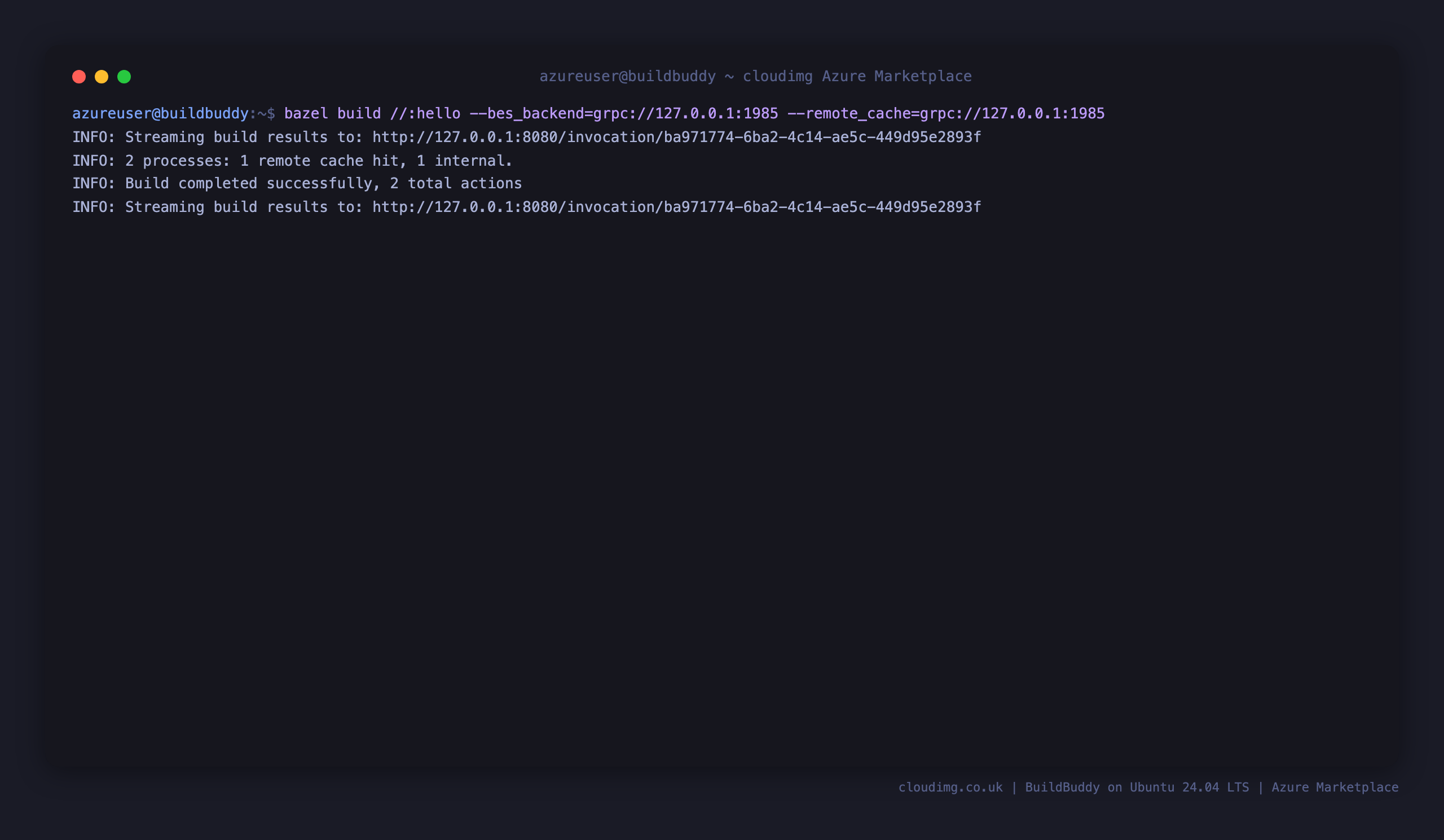 A Bazel build against the appliance reporting a remote cache hit and streaming its results to the BuildBuddy dashboard