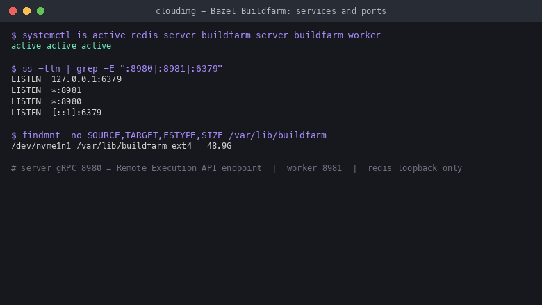 The redis-server, buildfarm-server and buildfarm-worker services all active, the Buildfarm server listening on gRPC 8980 and the worker on 8981, Redis bound to loopback 127.0.0.1:6379 only, and the dedicated ext4 cache data volume mounted at /var/lib/buildfarm