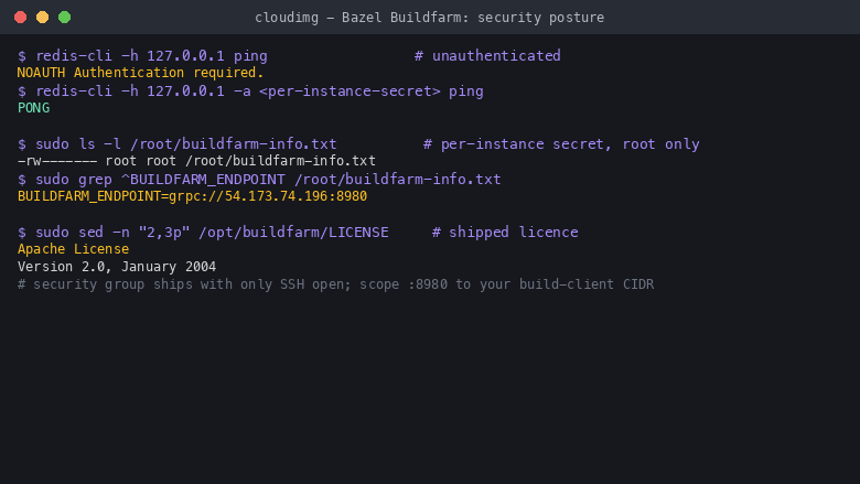 The credential round trip showing an unauthenticated Redis PING rejected with NOAUTH Authentication required while the per instance backplane secret returns PONG, the resolved farm endpoint from the root only info file, and the baked Apache License Version 2.0 confirming the shipped Buildfarm licence