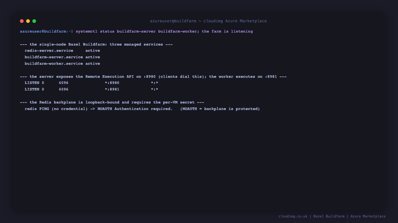 Terminal showing the three Buildfarm services active, the server listening on port 8980 and the worker on 8981, and the loopback Redis backplane rejecting an unauthenticated ping with NOAUTH