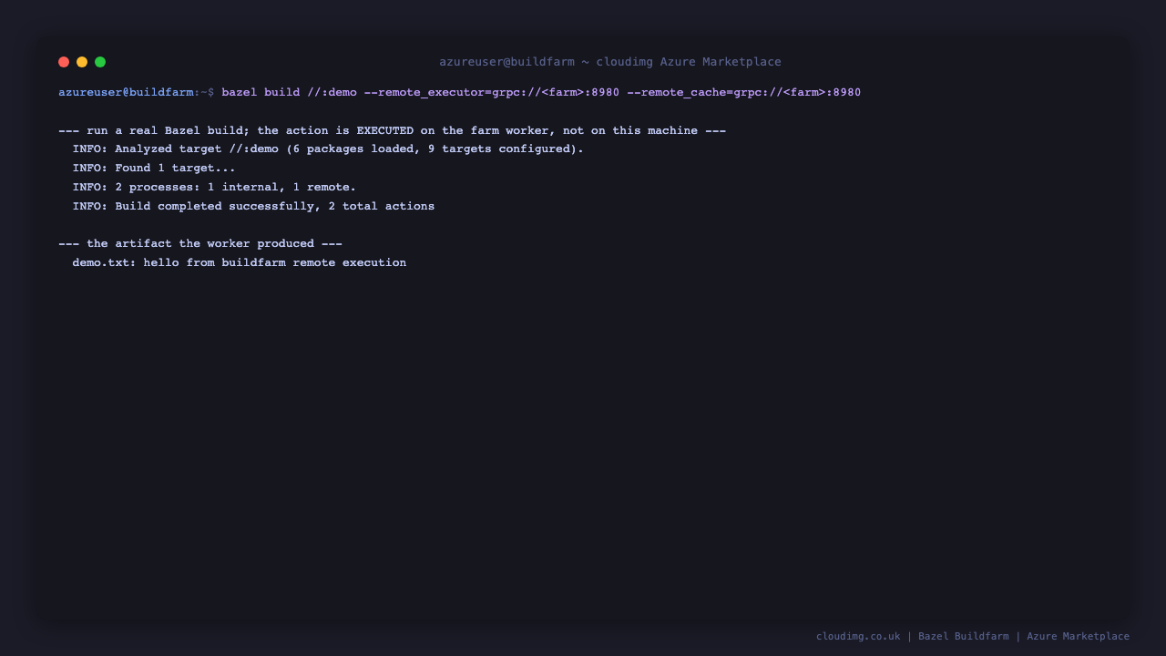 Terminal showing a real Bazel build offloaded to the farm, with the genrule executing remotely and Bazel reporting one remote process and a successful build