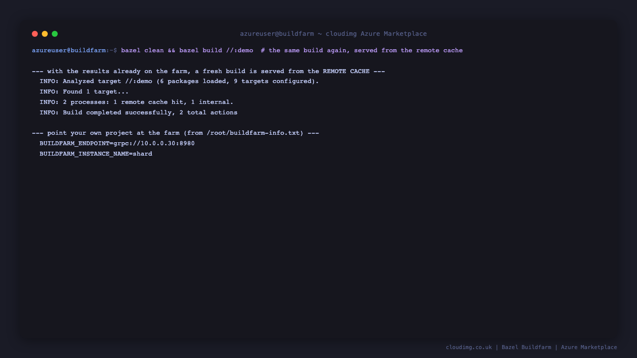 Terminal showing a clean rebuild of the same target served from the farm as a remote cache hit