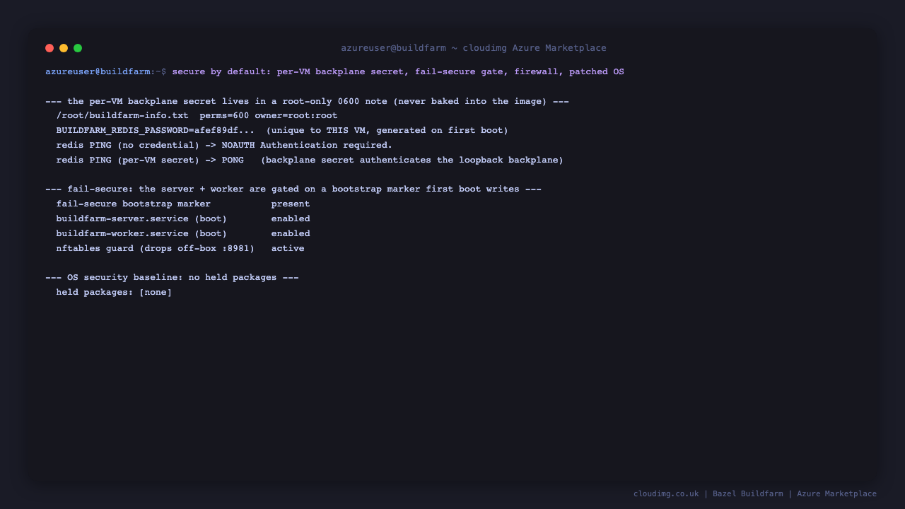 Terminal showing the root only backplane secret note, the loopback Redis backplane rejecting an unauthenticated ping and accepting the per VM secret, the fail secure bootstrap marker present, the services enabled for boot, the firewall guard active and a clean OS security baseline with no held packages