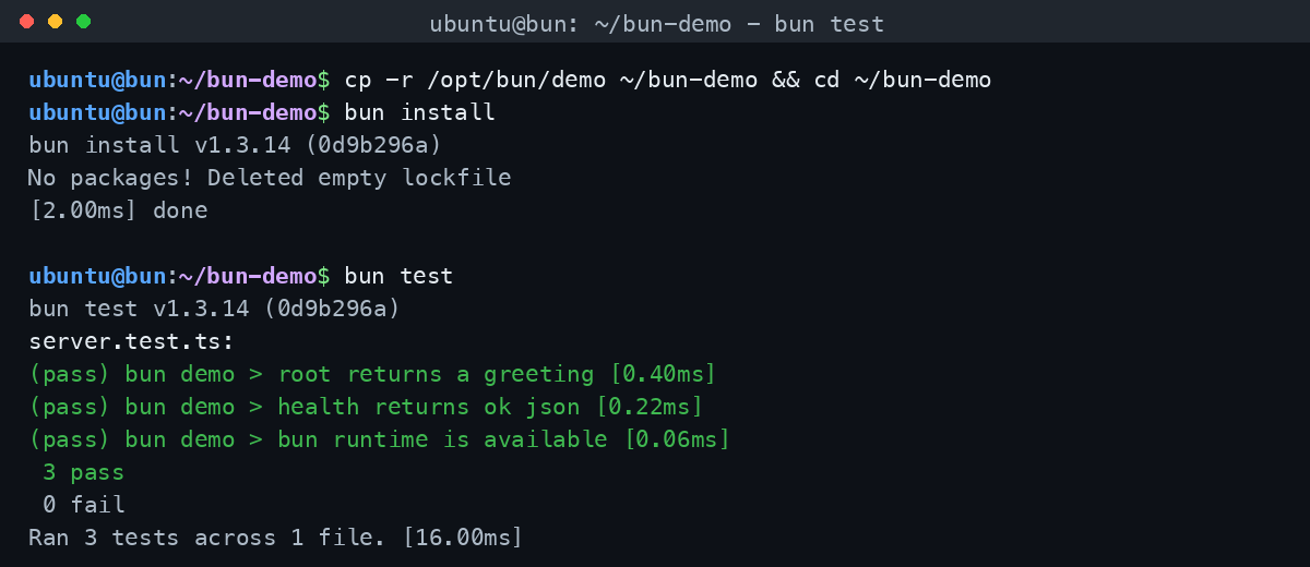 bun install resolving the demo project followed by bun test running the bundled suite to completion with three passing tests